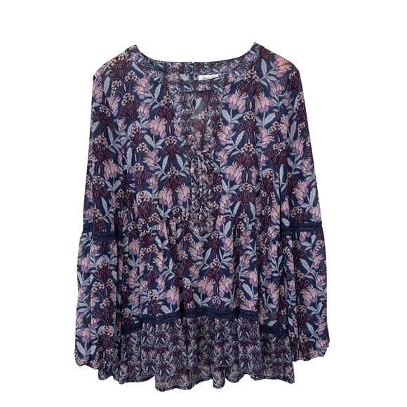 Skylar & Jade Peasant Boho Blouse 1X Eyelet Crochet Lace Up Front w/Tie Purple - Picture 1 of 10